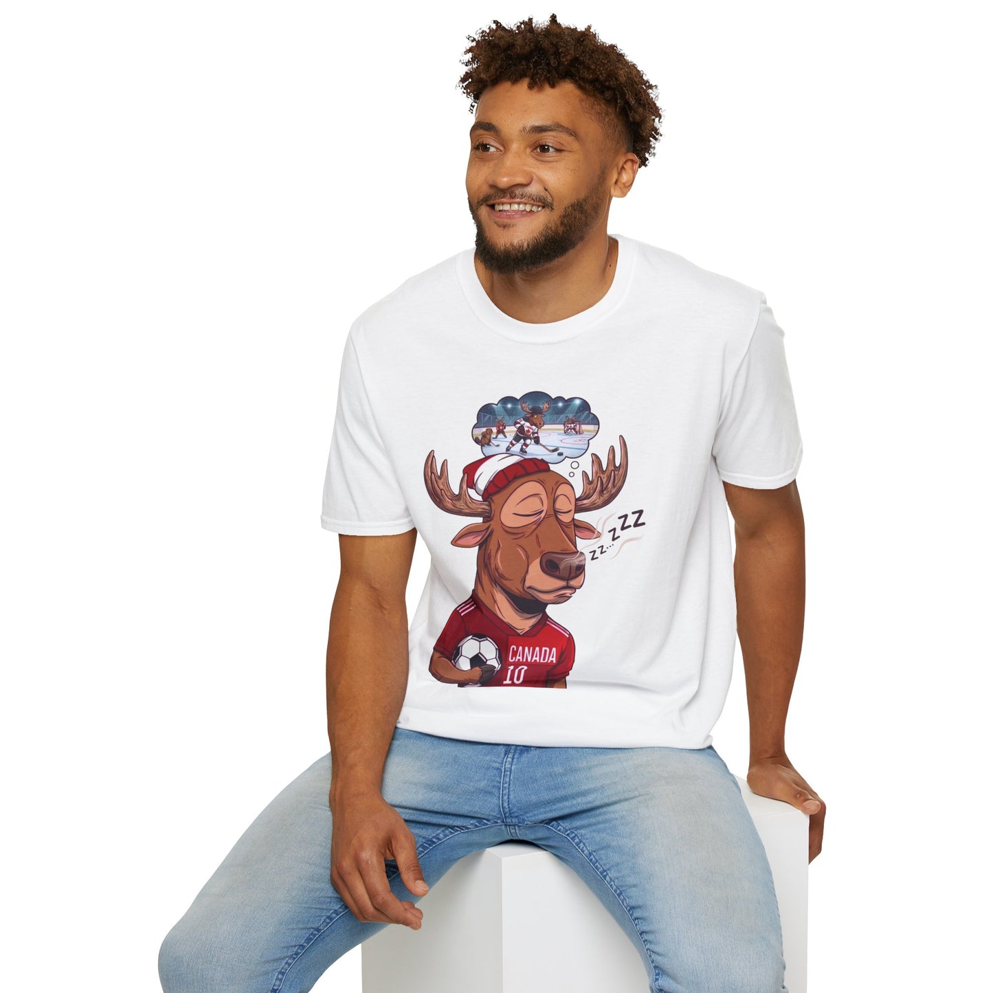 Sleeping Moose Canada Soccer T-Shirt — Cute Moose Dreaming of Victory