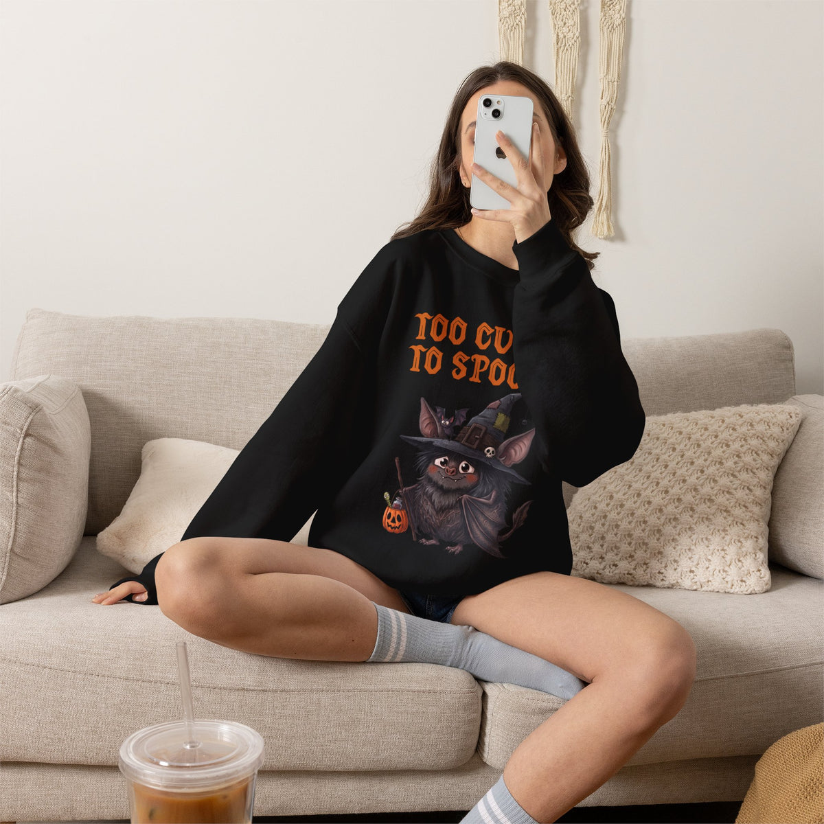 Sweatshirt — 'Too Cute to Spook' Halloween Witch Bat Crewneck