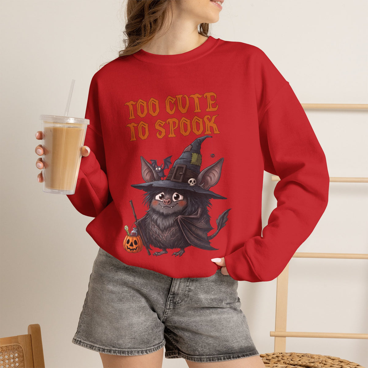 Sweatshirt — 'Too Cute to Spook' Halloween Witch Bat Crewneck