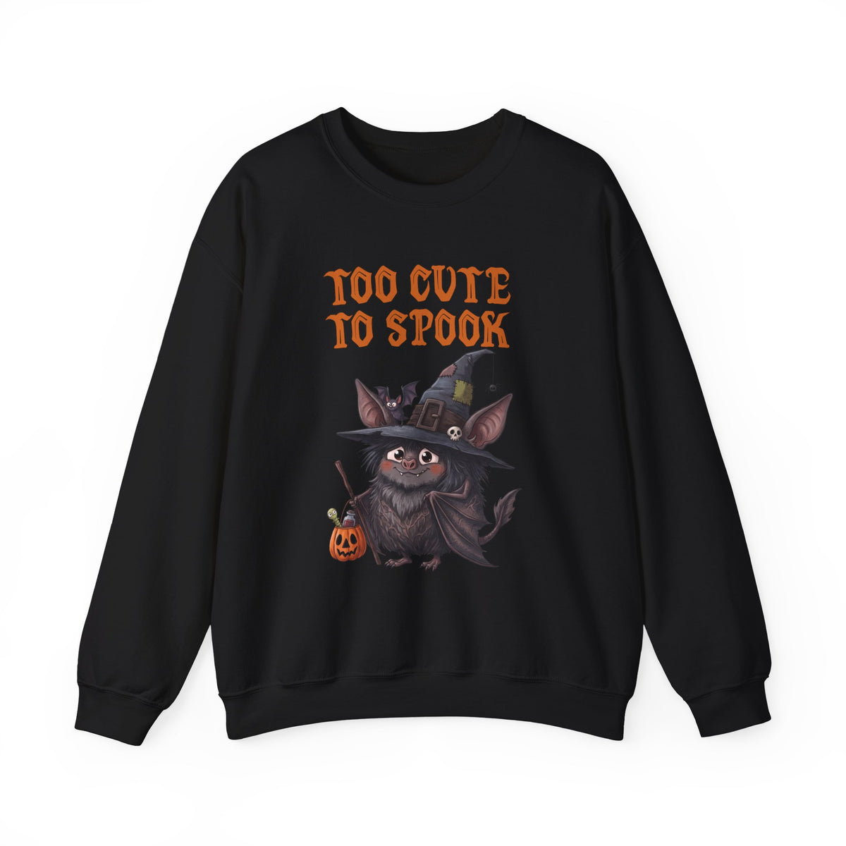 Sweatshirt — 'Too Cute to Spook' Halloween Witch Bat Crewneck
