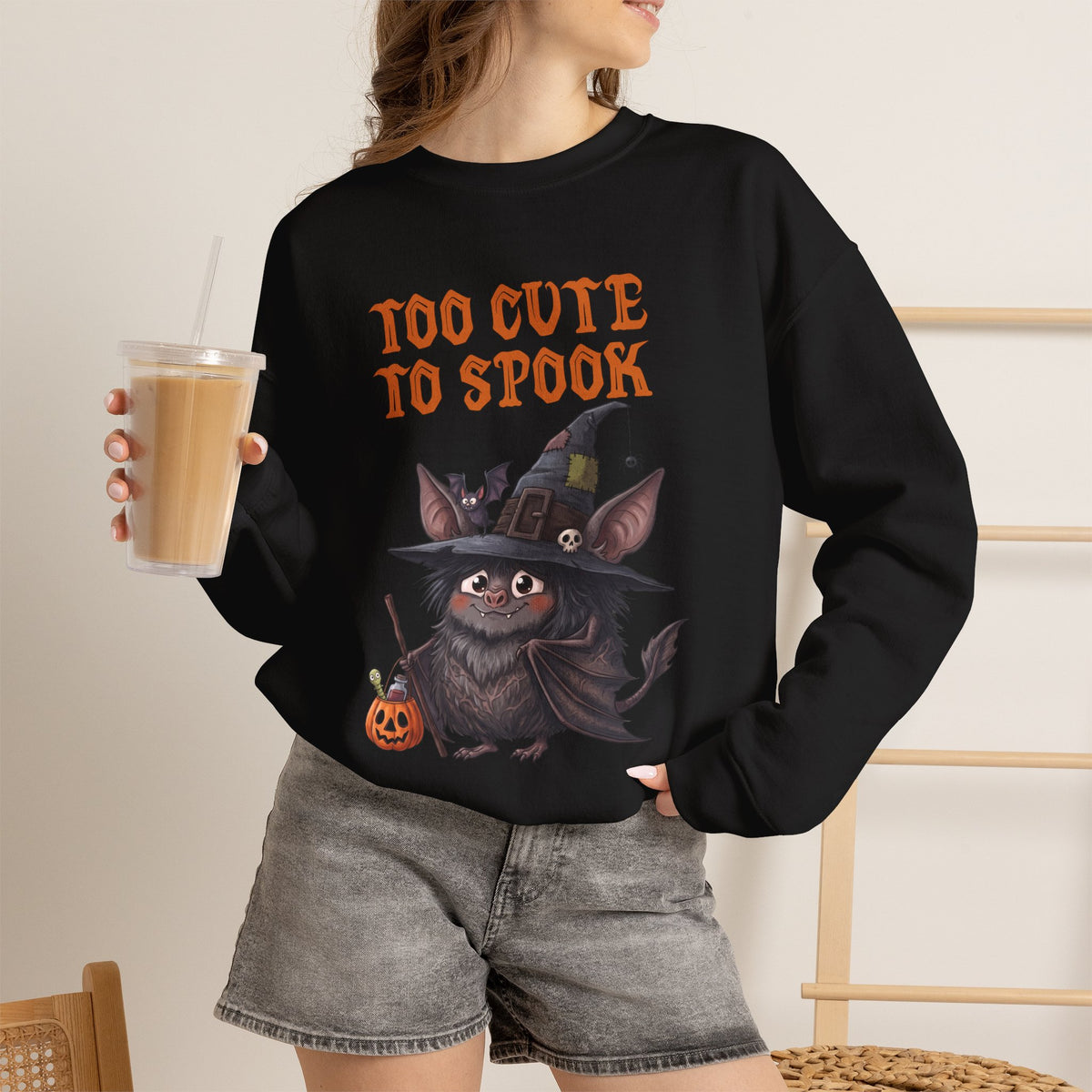 Sweatshirt — 'Too Cute to Spook' Halloween Witch Bat Crewneck