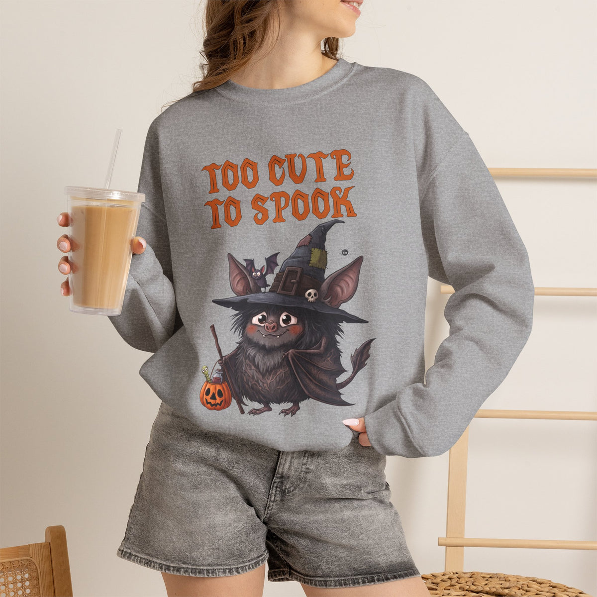 Sweatshirt — 'Too Cute to Spook' Halloween Witch Bat Crewneck