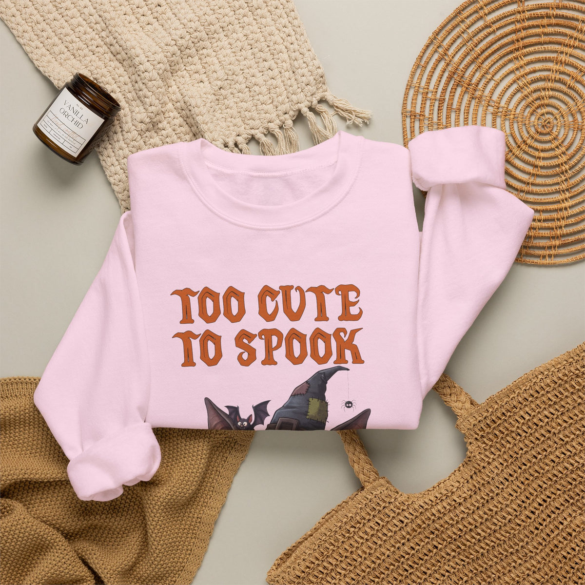 Sweatshirt — 'Too Cute to Spook' Halloween Witch Bat Crewneck