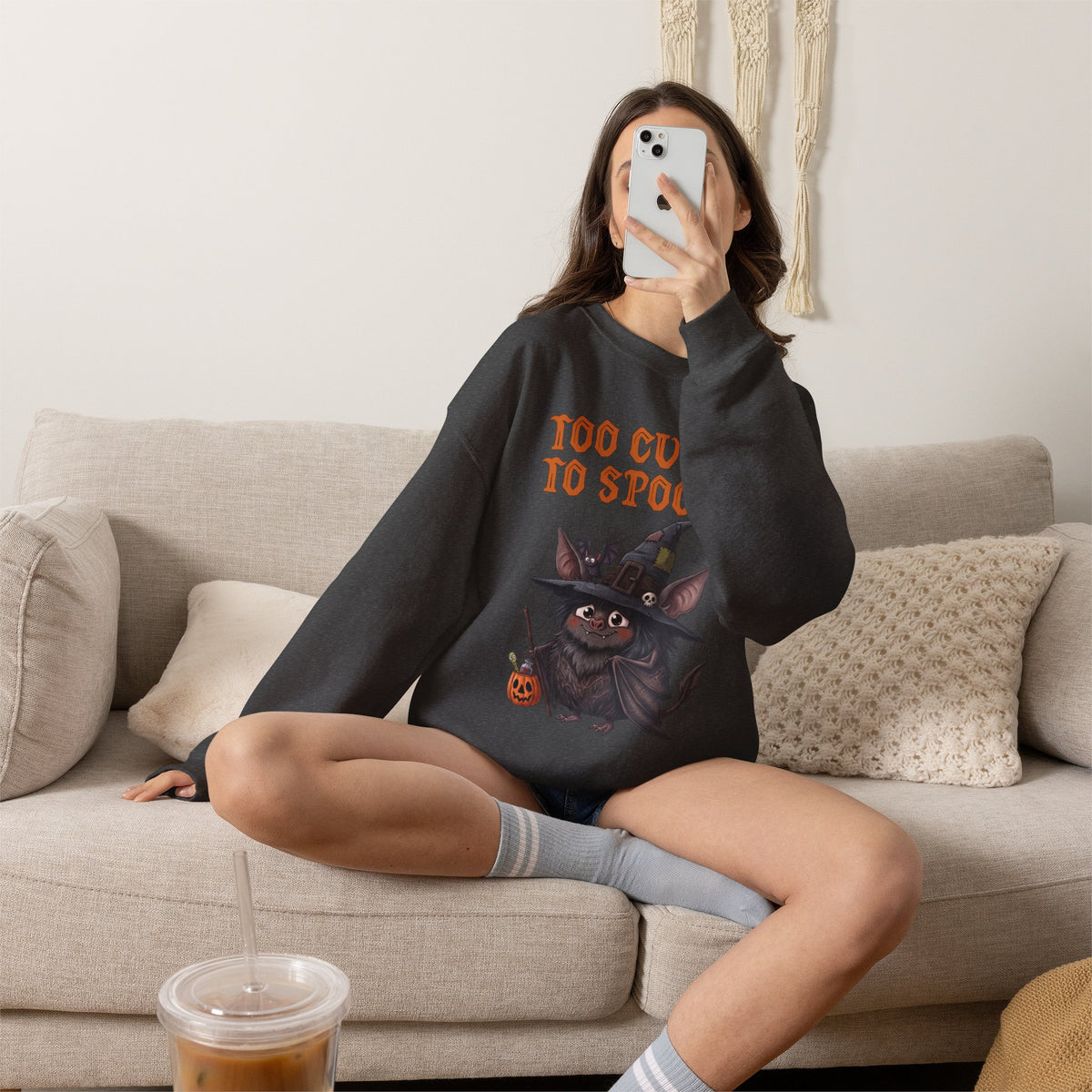 Sweatshirt — 'Too Cute to Spook' Halloween Witch Bat Crewneck