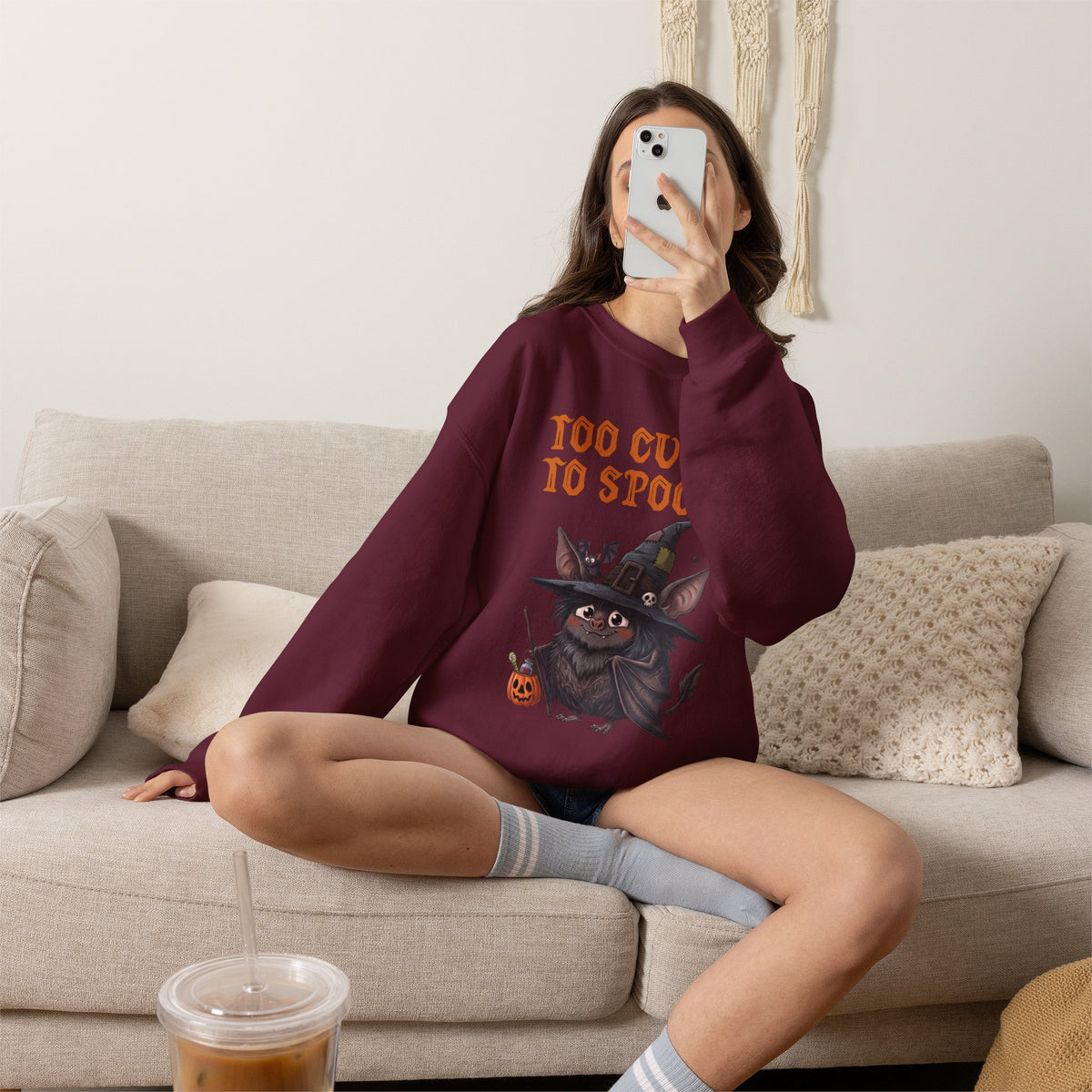 Sweatshirt — 'Too Cute to Spook' Halloween Witch Bat Crewneck