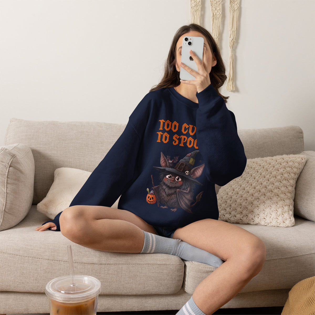 Sweatshirt — 'Too Cute to Spook' Halloween Witch Bat Crewneck