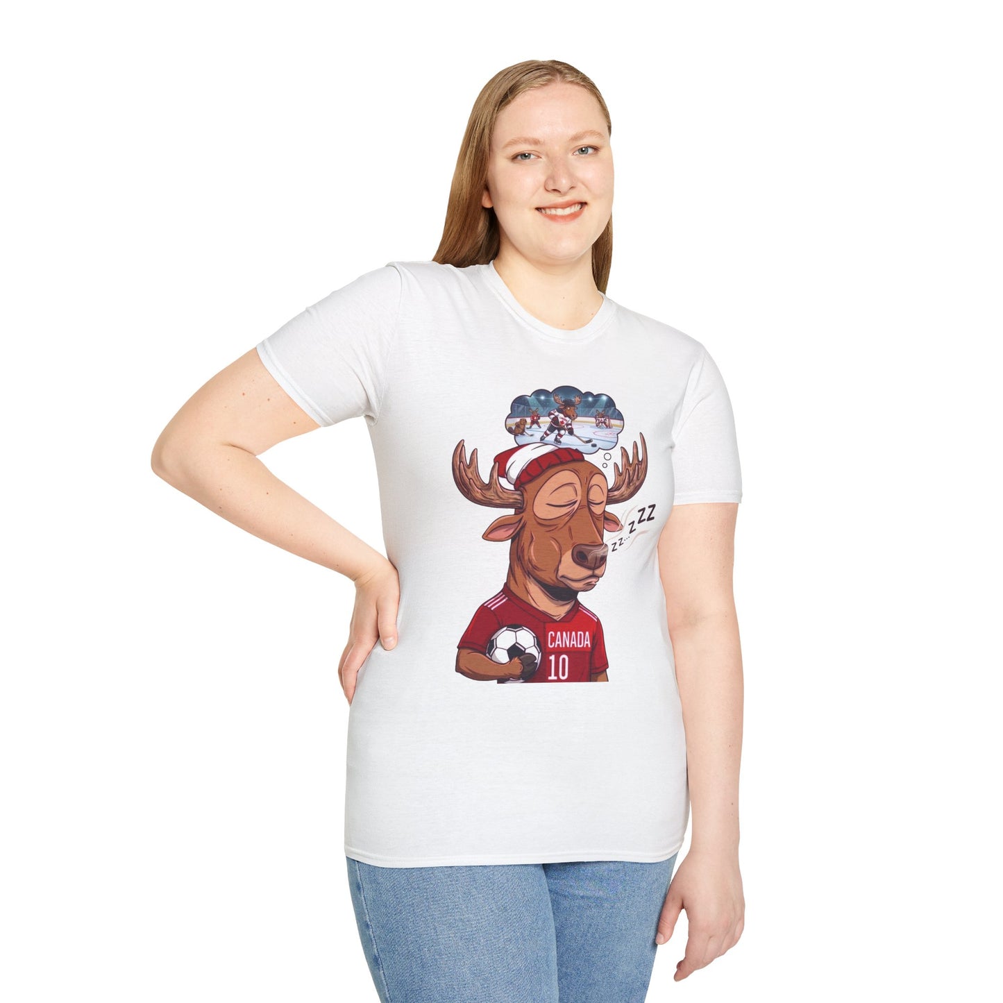 Sleeping Moose Canada Soccer T-Shirt — Cute Moose Dreaming of Victory