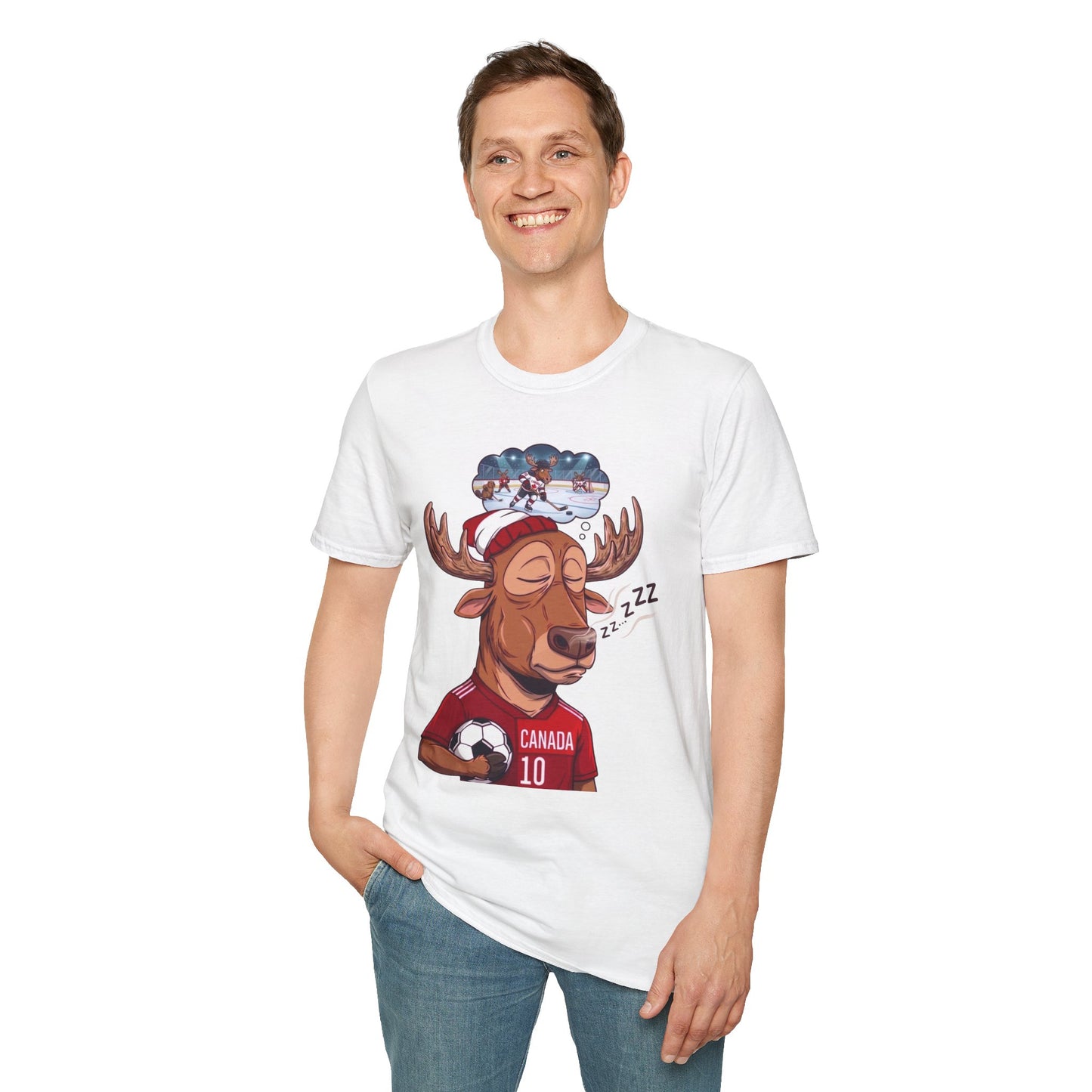 Sleeping Moose Canada Soccer T-Shirt — Cute Moose Dreaming of Victory