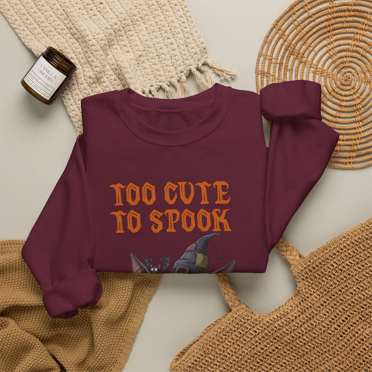 Sweatshirt — 'Too Cute to Spook' Halloween Witch Bat Crewneck