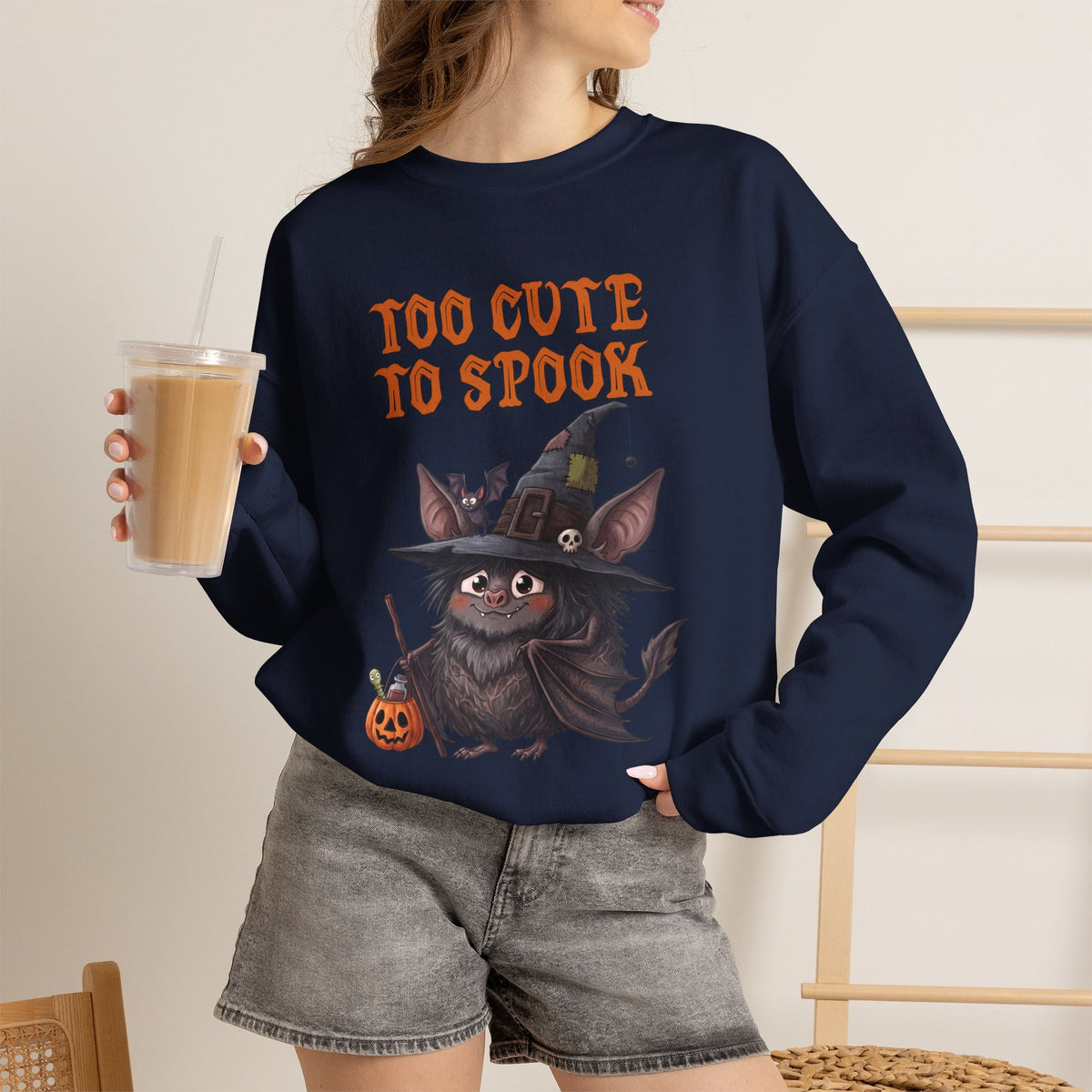 Sweatshirt — 'Too Cute to Spook' Halloween Witch Bat Crewneck