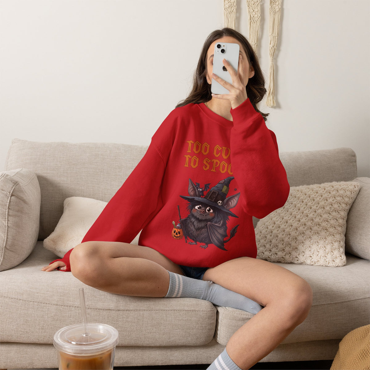 Sweatshirt — 'Too Cute to Spook' Halloween Witch Bat Crewneck