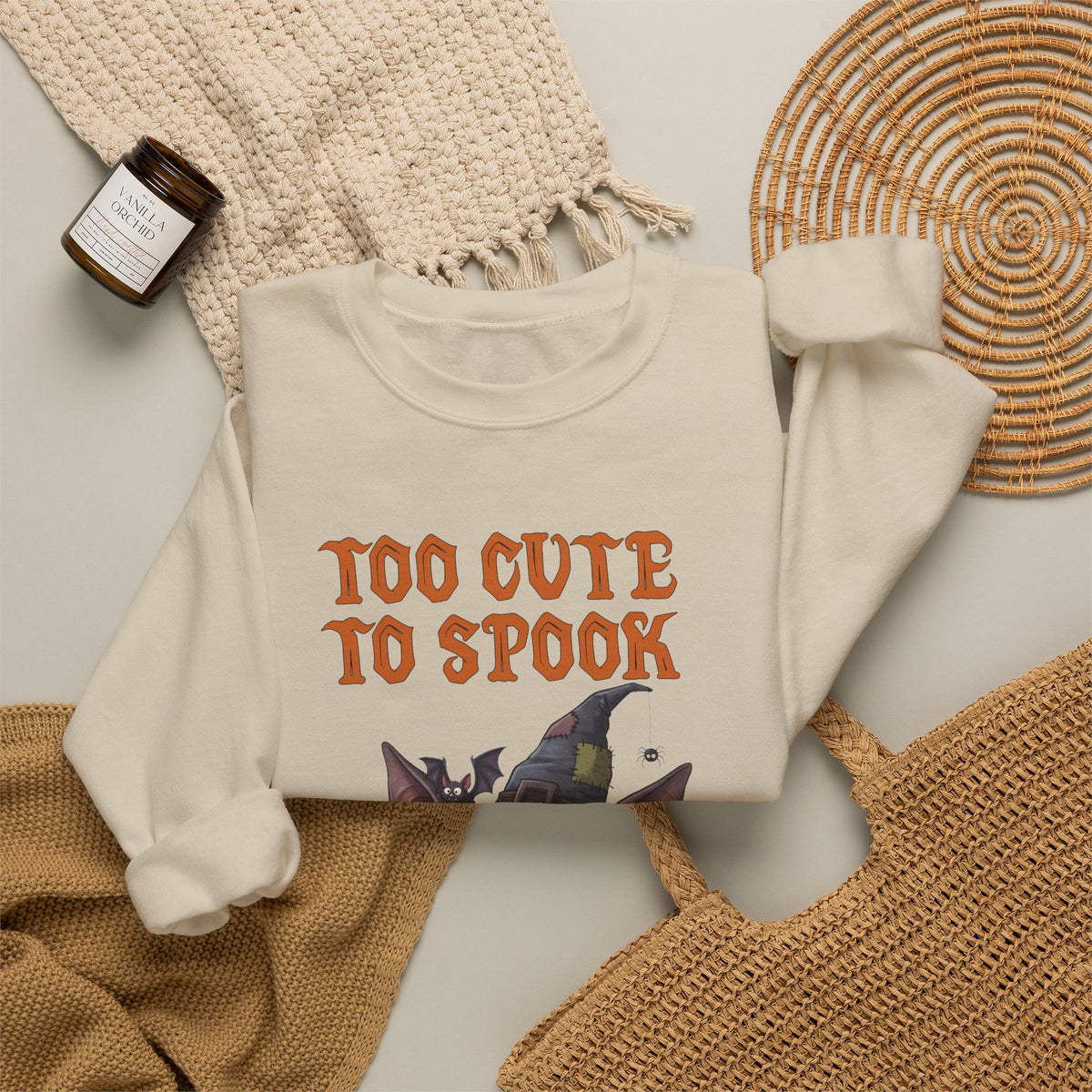 Sweatshirt — 'Too Cute to Spook' Halloween Witch Bat Crewneck