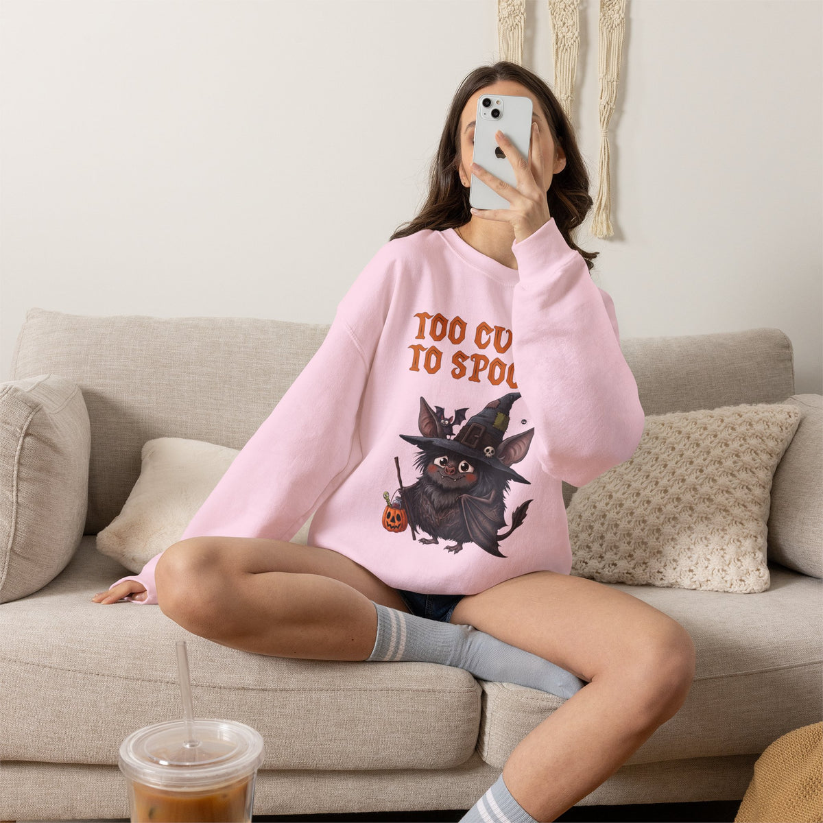 Sweatshirt — 'Too Cute to Spook' Halloween Witch Bat Crewneck