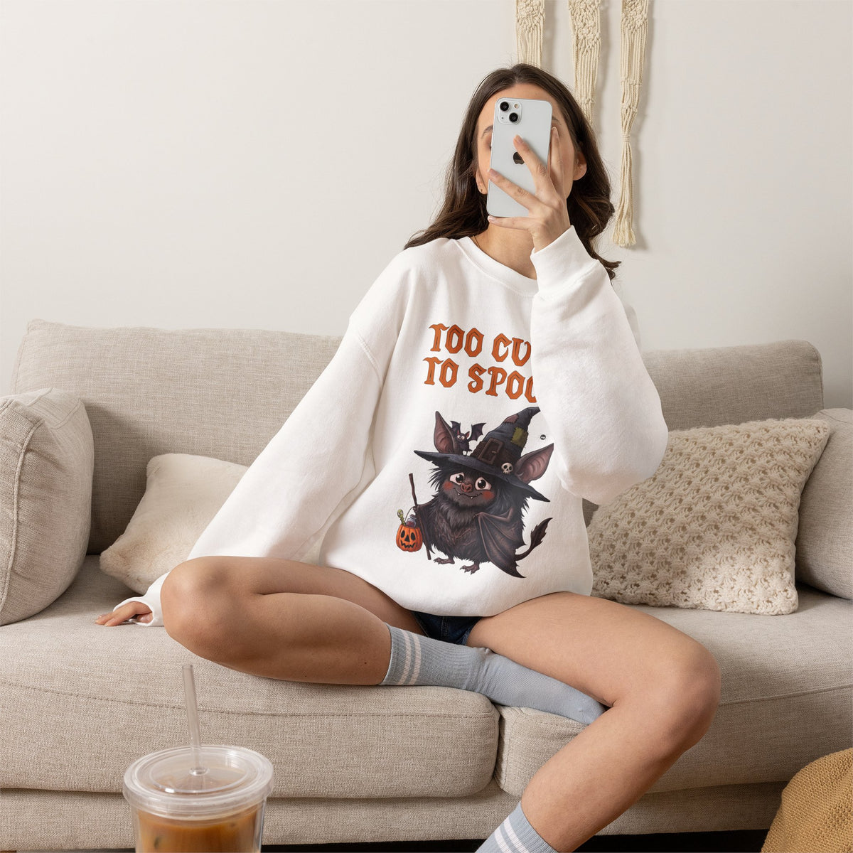 Sweatshirt — 'Too Cute to Spook' Halloween Witch Bat Crewneck