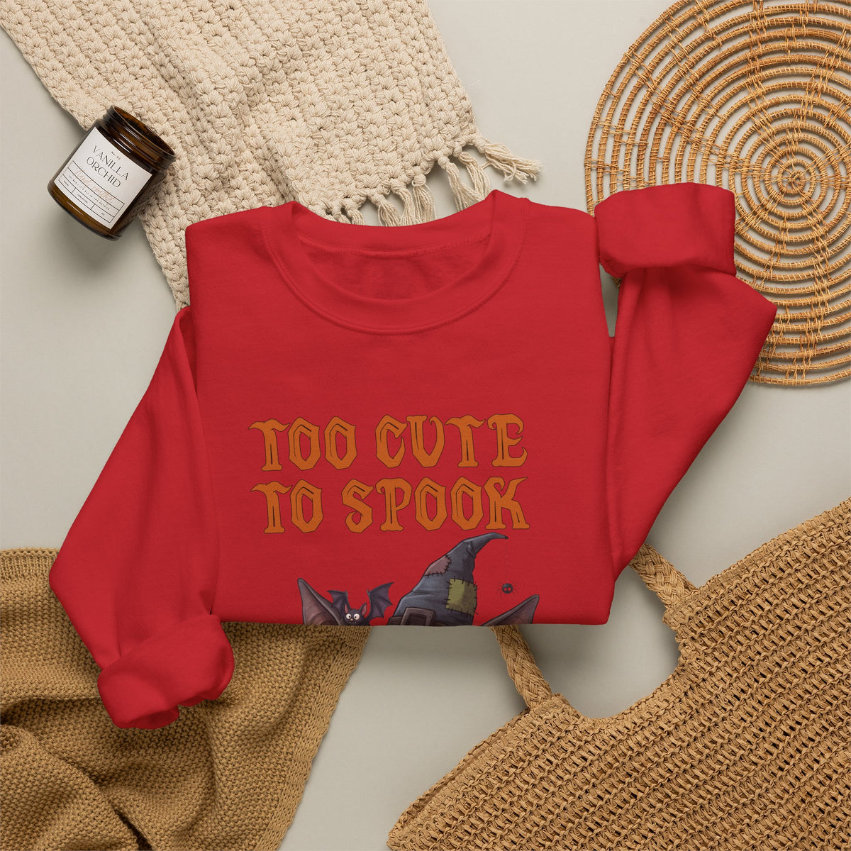 Sweatshirt — 'Too Cute to Spook' Halloween Witch Bat Crewneck