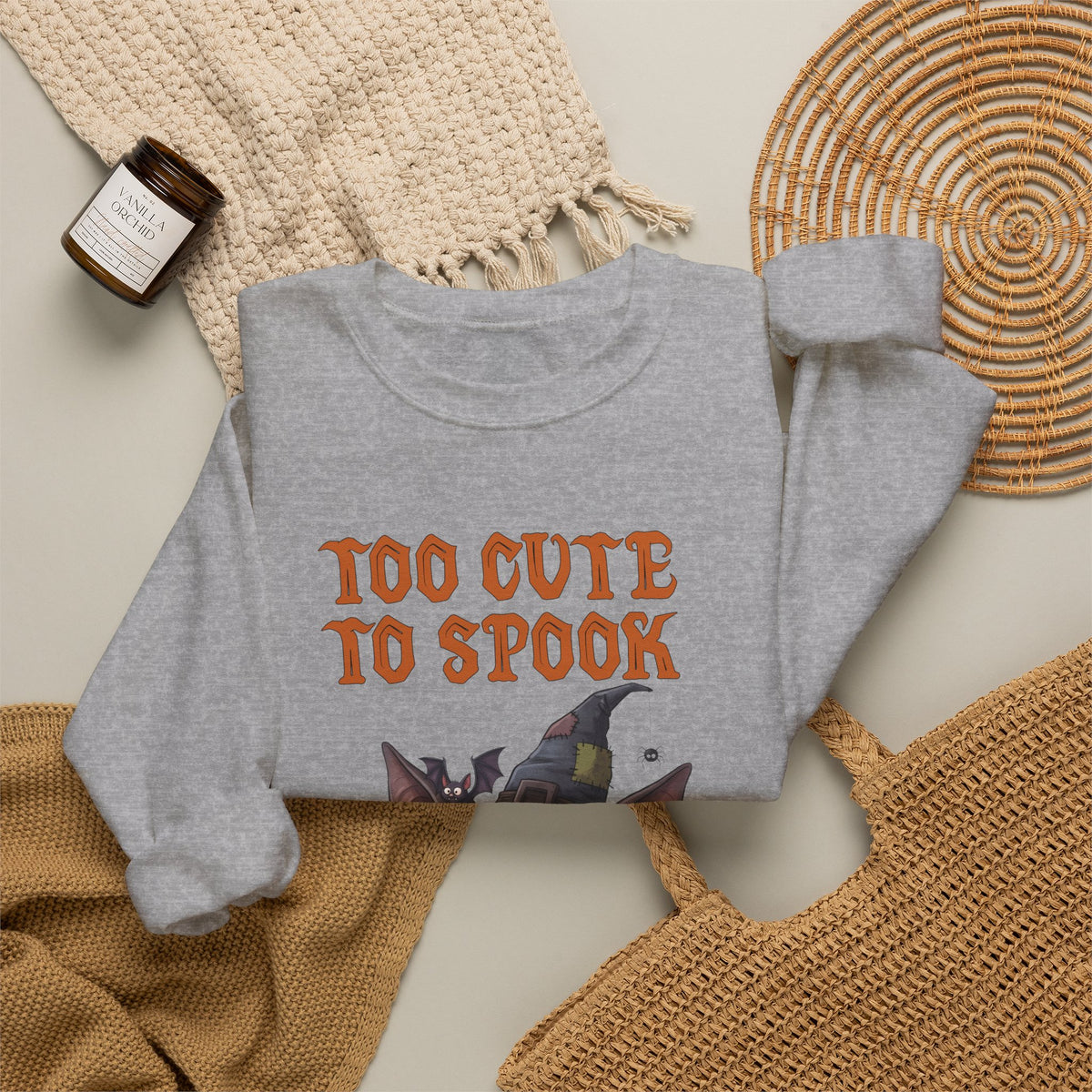 Sweatshirt — 'Too Cute to Spook' Halloween Witch Bat Crewneck