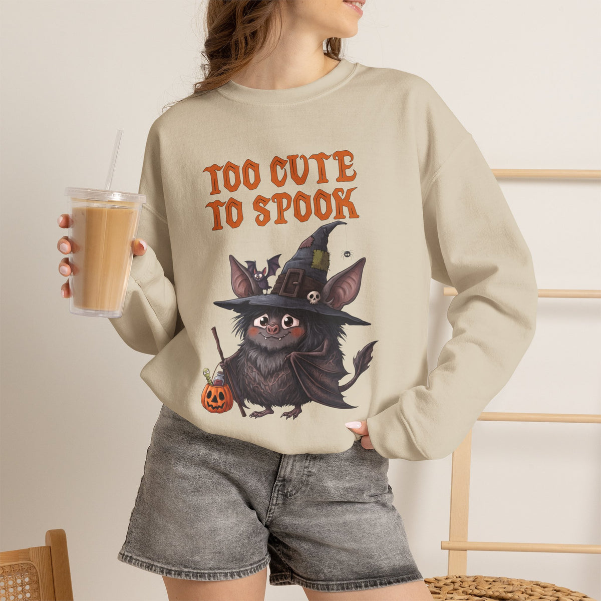 Sweatshirt — 'Too Cute to Spook' Halloween Witch Bat Crewneck