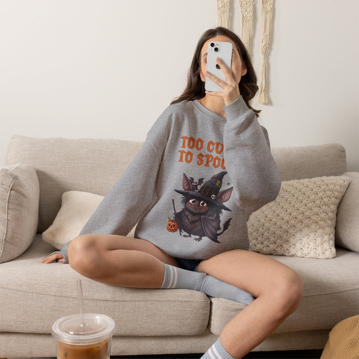 Sweatshirt — 'Too Cute to Spook' Halloween Witch Bat Crewneck