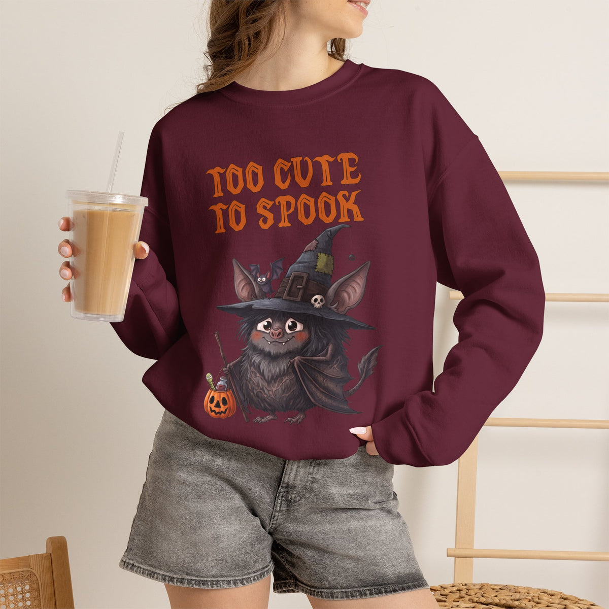 Sweatshirt — 'Too Cute to Spook' Halloween Witch Bat Crewneck